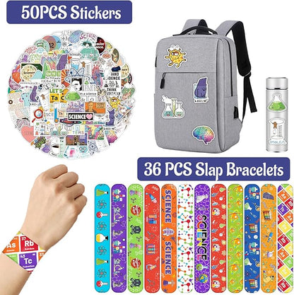 86PCS Science Party Favors Include 36PCS Science Slap Bracelets 50PCS Science Stickers Scientist Theme Stickers Snap Bracelet for Kids Science Birthday Party Supplies Decorations Classroom Rewards