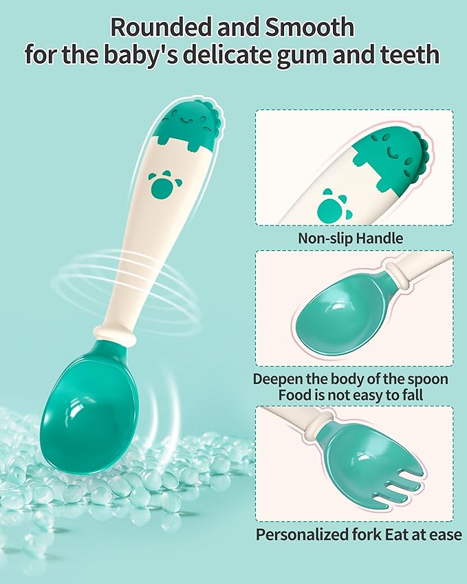 Deejoy Toddler Utensils with Travel Safe Case, Silicone Baby Spoons and Fork Set for Self Feeding, Toddlers Feeding Training Spoon, Easy Grip Heat-Resistant, Bendable Function (2 Sets, Green&Pink)