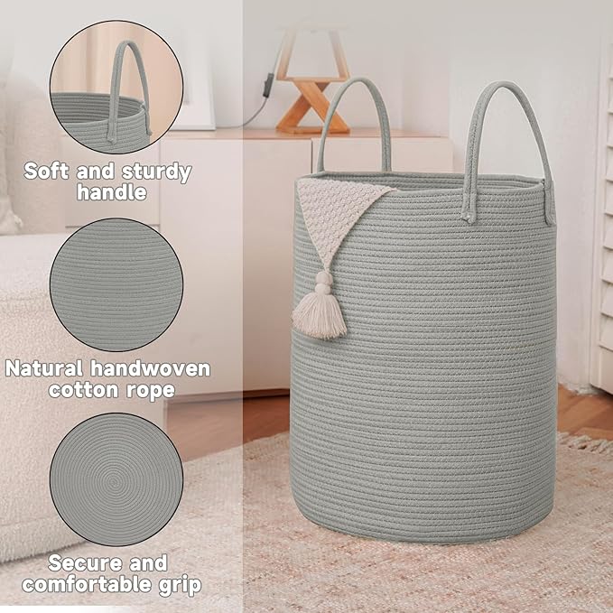 JMvicyroam Large Woven Laundry Basket Hamper,60L Cotton Rope Storage Bin for Blankets,Toys and Clothes,Decorative Tall Nursery Hamper for Living Room,Baby Nursery,Bathroom and Bedroom,Grey