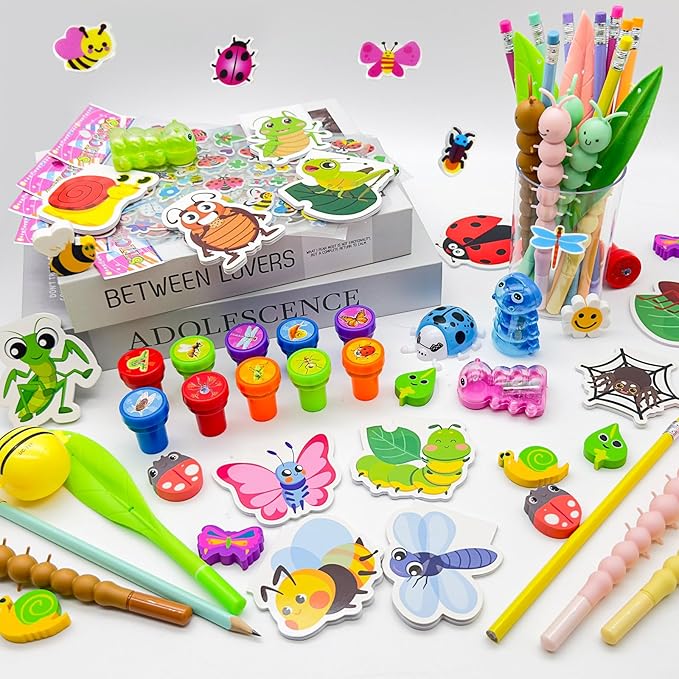 96 Pcs Insect Party Favors，Bug Bee Party Goodie Bags Fillers Bulk，Spring Insects Bug Game Pinata Gift Class Prizes Erasers Pens Pencils Stickers Stamps for School Birthday Spring Summer Party