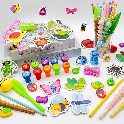 96 Pcs Insect Party Favors，Bug Bee Party Goodie Bags Fillers Bulk，Spring Insects Bug Game Pinata Gift Class Prizes Erasers Pens Pencils Stickers Stamps for School Birthday Spring Summer Party