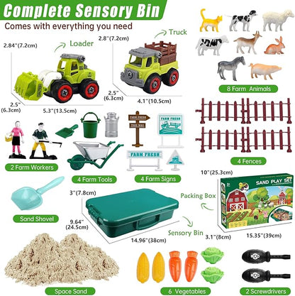 Farm Sensory Bin, Farm Toys & 2.2lbs Play Sand, Farm Animals, Farm Trucks, Sand Box with Lid, Christmas Birthday Gift for Kids Toddlers Ages 3 4 5 6 7 8