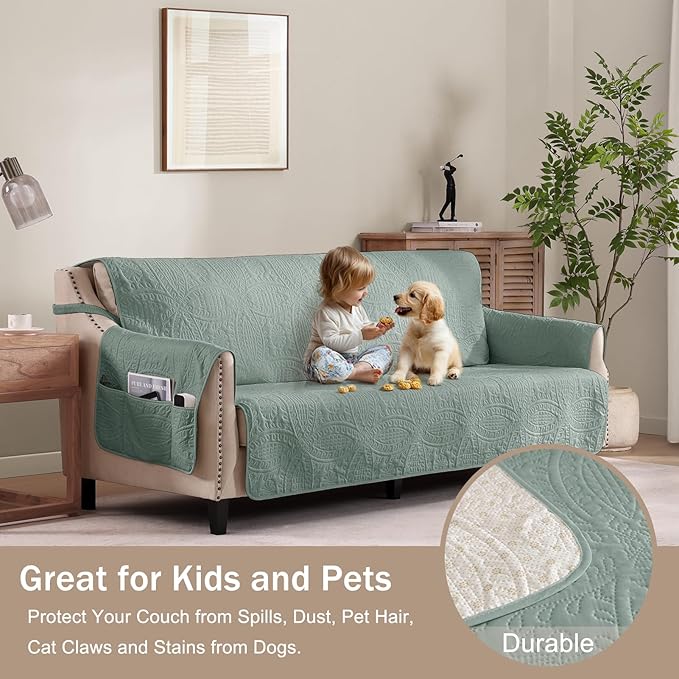Sage Green Loveseat Covers for 2 Cushion Couch, Water Repellent Slip Covers for Loveseat, Washable Love Seat Quilted Couch Covers, Pet Friendly Loveseat Slipcovers (Loveseat 48", Sage Green)