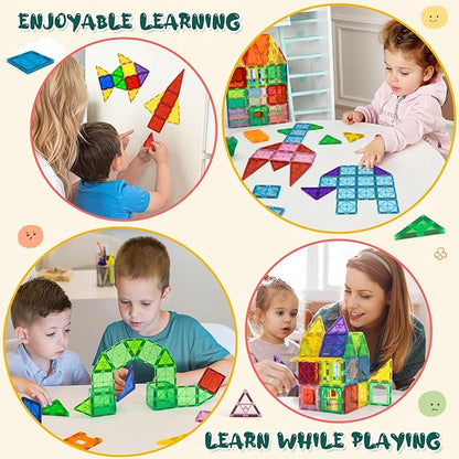 EchoPlan 130 PCS Magnetic Tiles,Magnetic Building Blocks with 2 Cars,Magnet Tiles 3D Clear Construction STEM Preschool Sensory Educational Toys Set for Kids Toddlers Boys 3 4 5 6 7 8 9+ Year Old