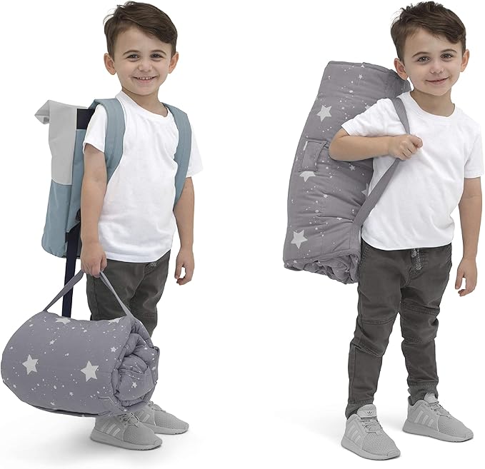 Delta Children Nap Mat - Includes Pillow & Blanket for Toddlers and Kids; Features Carry Handle w/Strap Closure and Name Tag; Rollup Design is Ideal for Preschool and Daycare; Personalization Optional