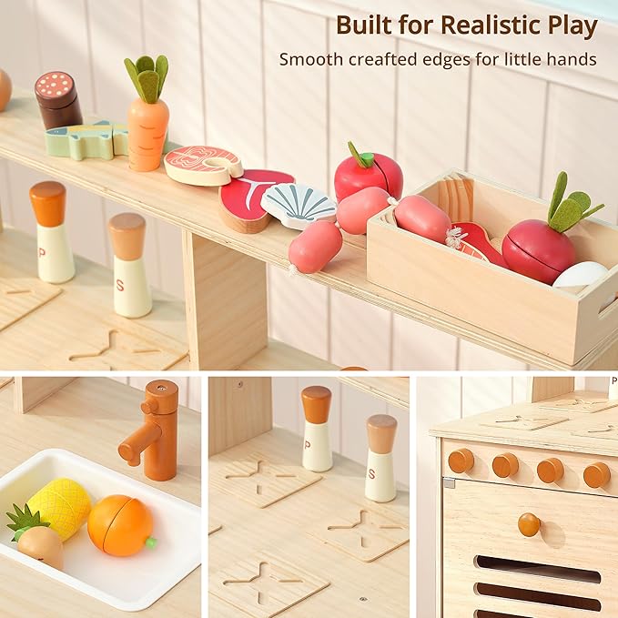 PairPear Play Kitchen for Kids, Wooden Toys Play Kitchen Sets with Toy Play Food Plates and Dishes, Larage Toy Storage System Kids Play Kitchen Accessories Designed Toys Gift for Age 3+