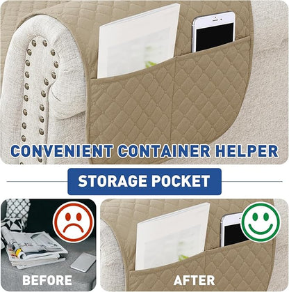 XINEAGE Quilted Chair Sofa Cover Waterproof Chair Covers for Armchair, Super Soft Washable Slipcover with Pockets & Non-Slip Elastic Straps, Thick Furniture Protector (Chair, Khaki)