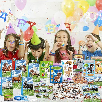 113 PCS Horse Party Favors Set, 41 Horse Stickers, 12 Goodie Bags,12 Button Badges, 12 Keychains, 12mini notepads,12 rubber bracelets for Cowboy Cowgirl Animal Horse Birthday Party Supplies (Blue)