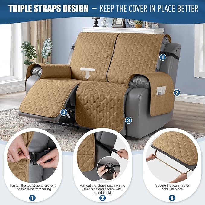 TAOCOCO 100% Waterproof Recliner Covers, Recliner Sofa Covers with Leg Straps, Reversible Recliner Couch Cover for Reclining Chair, Washable Couch Protector for Pets Kids(2 Seater, Camel)