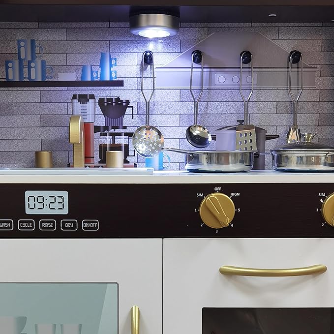 Wooden Play Kitchen Toy Set with Light, Kids Children Pretend Toy Kitchen Playset with Sink Play Toy,Oven Microwave,Toddler Cooking Set Toy for Ages 1-3 2-4 4-8 Baby Girls Boys (Espresso)