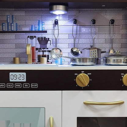 Wooden Play Kitchen Toy Set with Light, Kids Children Pretend Toy Kitchen Playset with Sink Play Toy,Oven Microwave,Toddler Cooking Set Toy for Ages 3+ Baby Girls Boys