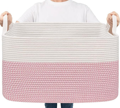Goodpick Large Woven Blanket Basket 21.6" x 14.9" x 11.8" Storage Baskets for Organizing, Baby Laundry Hamper for Nursery Bedroom, Soft Toy Storage Baskets for Kids Girls, White & Pink
