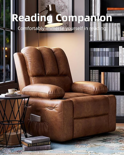 27'' Leather Recliner Chair Oversized, Overstuffed Manual Recliner Chair, Single Sofa for Adults, with Cup Holder and Side Pockets, for Living Rooms, Max Weight 400 lbs, Vintage Leather