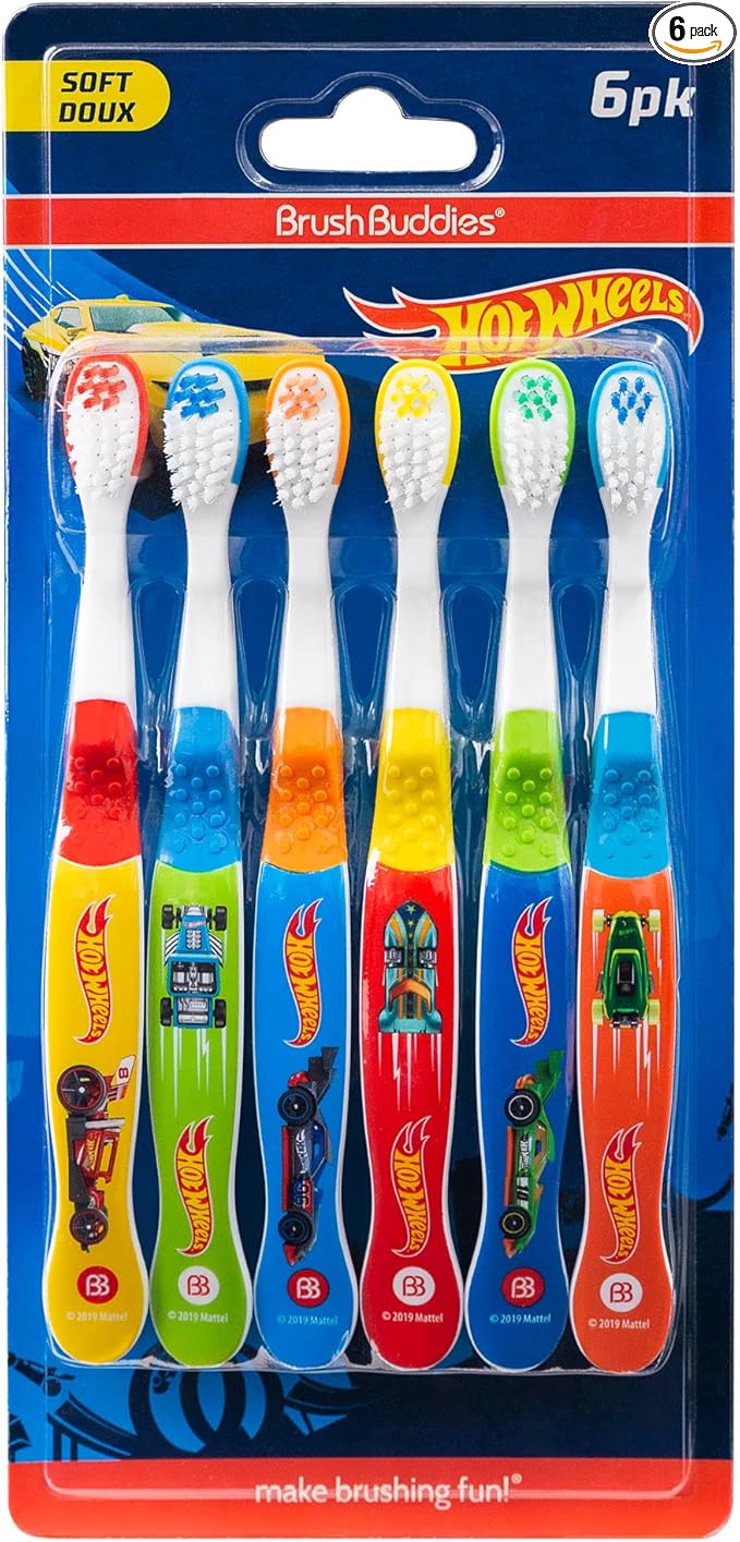 Brush Buddies 6-Pack Hot Wheels Toothbrush for Kids, Kids Battery Powered Toothbrushes, Toothbrush Pack, Soft Bristle Toothbrushes for Kids, Toddler Toothbrush Ages 2-4, Multicolor