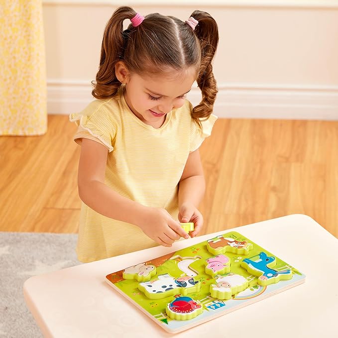 B. toys- Peek & Explore 5-Pack: Bus, Farm, Sea, Space, Dino- Chunky Puzzle 5-Pack – Wooden Puzzles– 8 Pieces Each – 2 Years +