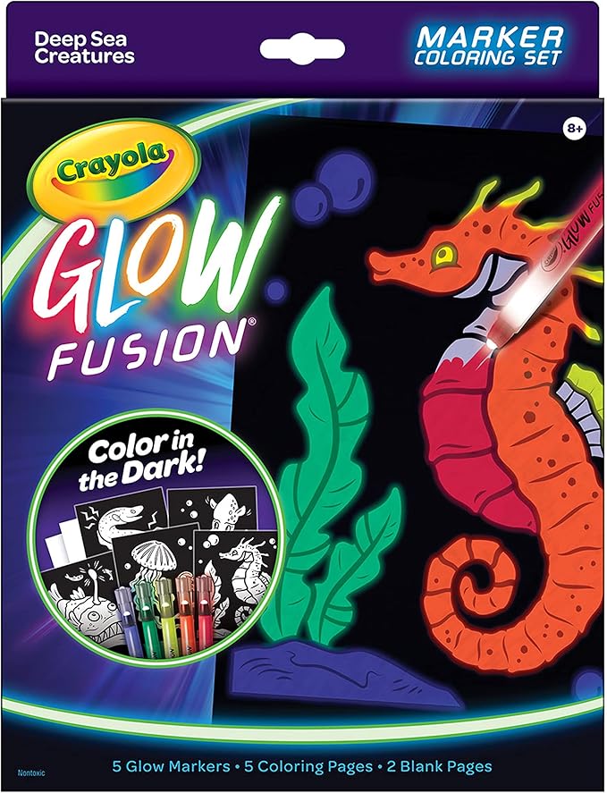 Crayola Glow Fusion - Deep Sea Critters (12pcs), Glow in the Dark Markers, Sea Creature Coloring Pages, Gift for Boys & Girls, Ages 8+
