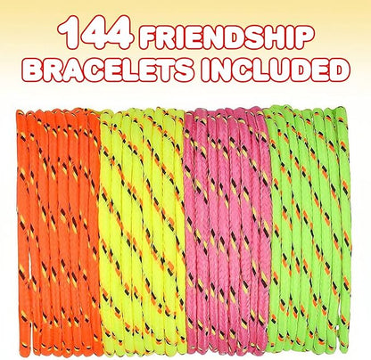 ArtCreativity Adjustable Friendship Bracelets - Pack of 144 Fabric Material Wristbands in Assorted Neon Colors - Fun Party Favor, Carnival Prize - Amazing Gift for kids, adults and pets