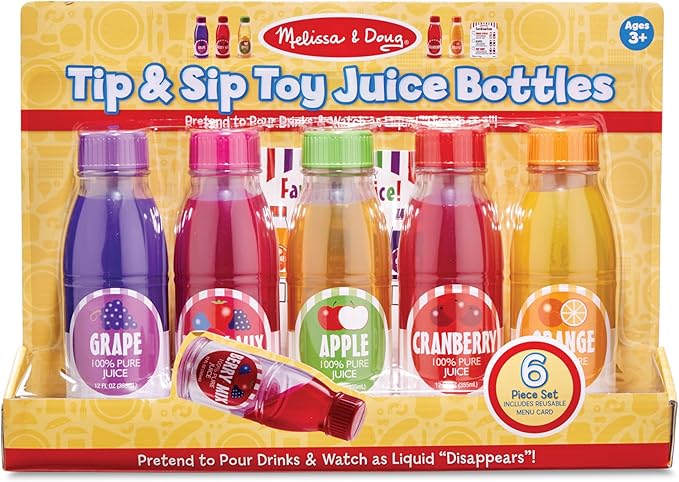 Melissa & Doug Tip & Sip Toy Juice Bottles and Activity Card (6 Pcs) Pretend Play Food Set, Play Kitchen Food For Ages 3+