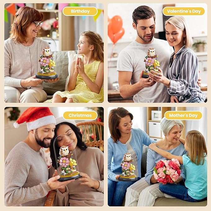 Owl Flower Bouquet Building Set for Adults, Animals Flowers Plants Decor with Dust Cover, Birthday Gift Building Toy for Boys Girls, 1123 PCS Mini Building Blocks, Not Compatible with Lego Set