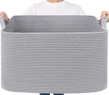 Goodpick 85L Large Woven Blanket Basket 23.6" x 15.7" x 13.8" Cotton Rope Storage Organizer for Dirty Clothes Pillows, Rectangle Toy Storage Basket for Nursery Bedroom, Gray