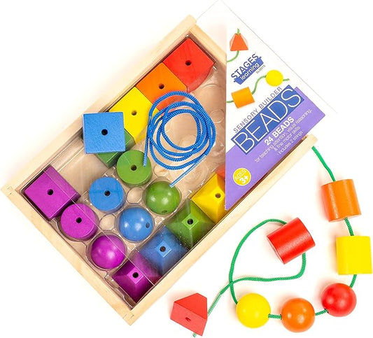 Stages Sensory Builder Colorful Wooden Stringing Beads in Wooden Storage Tray, 24 Beads and 2 Strings, for Developing fine Motor Skills and Hand Eye Coordination