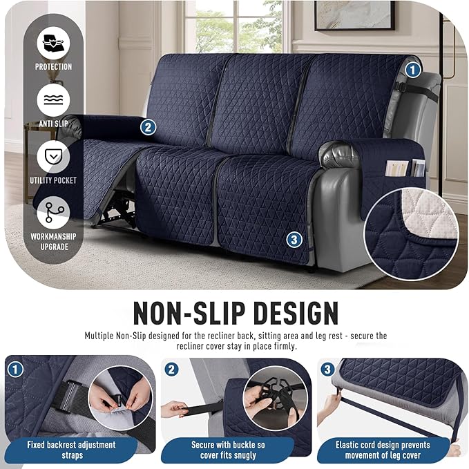 TAOCOCO 100% Waterproof Recliner Sofa Cover-Non Slip Split Couch Covers for Reclining Couches with Elastic Straps,Couch Covers for 3 Cushion Couch Sofa Pet Friendly(Dark Blue, 3 Seater)