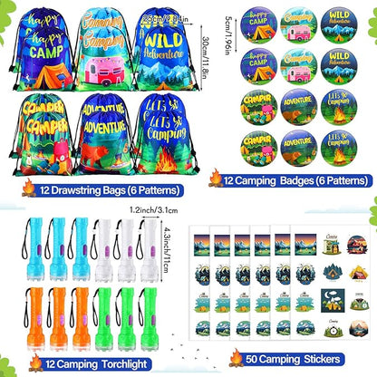 Zhanmai 140 Pcs Camping Party Favors Include Silicone Bracelets, Stickers, Camping Keychain, Badge, Camouflage Pencils, Spiral Camp Adventure Theme Notepads Drawstring Bags Mini Flashlight for Kids