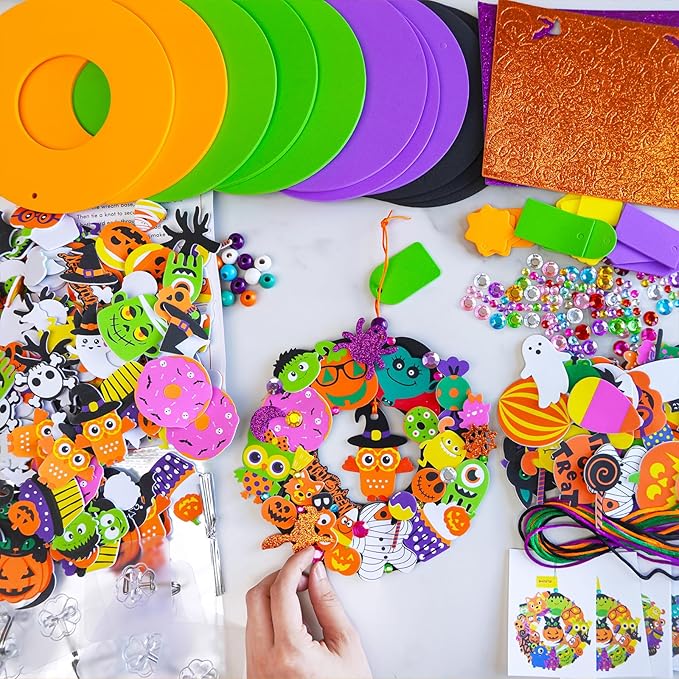 Winlyn 12-Pack Halloween Craft Kits Fall Crafts DIY Halloween Wreath Ornaments Decorations Art Sets Halloween Foam Stickers Arts and Crafts for Kids Classroom Party Activities Holiday Festive Projects