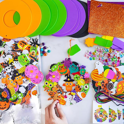 Winlyn 12-Pack Halloween Craft Kits Fall Crafts DIY Halloween Wreath Ornaments Decorations Art Sets Halloween Foam Stickers Arts and Crafts for Kids Classroom Party Activities Holiday Festive Projects