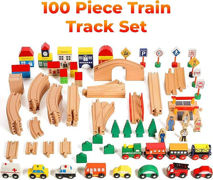Wooden Train Set 100 Piece All in One Wooden Toy Train Tracks Set with Magnetic Trains and Railway Accessories, Comes in A Clear Container, Compatible with All Major Brands