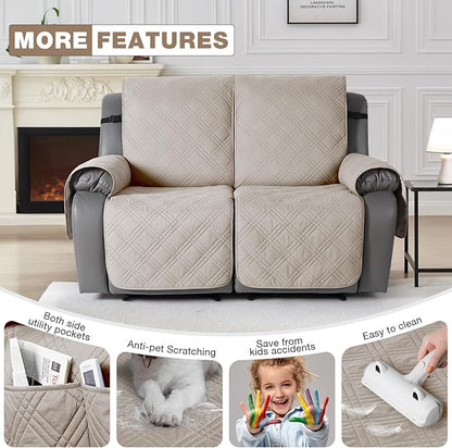 TAOCOCO 100% Waterproof Loveseat Recliner Cover, Non Slip Split Loveseat Covers for Reclining Loveseat with Elastic Straps, Washable Recliner Chair/Furniture Protector for Kids Pets(2 Seater, Cream)