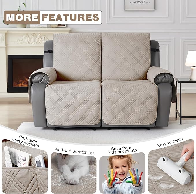 TAOCOCO 100% Waterproof Oversized Recliner Loveseat Cover, Non Slip Extra Wide Recliner Covers with Straps for Reclining Loveseat for Kids Pets, Spilt Cover(2 Seater Oversized, Cream)