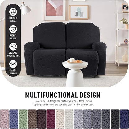 KinCam Recliner Covers, Stretch Reclining Chair Covers, Recliner Sofa Slipcovers Stripe Jacquard Recliner Couch Covers Furniture Protector Covers for Pet Kid (2XL Seater, Black)
