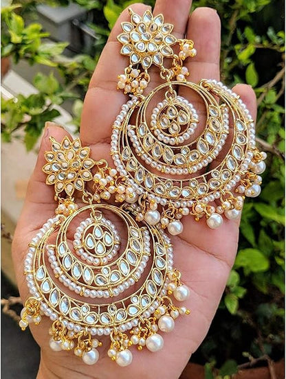 Aheli Bollywood Ethnic Chandbali Style Big Earrings Maang Tikka Set Traditional Fashion Jewelry Gift for Women