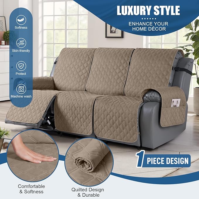 TAOCOCO 100% Waterproof Recliner Covers, Recliner Sofa Covers with Leg Straps, Reversible Recliner Couch Cover for Reclining Chair, Washable Couch Protector for Pets Kids(3 Seater, Khaki)