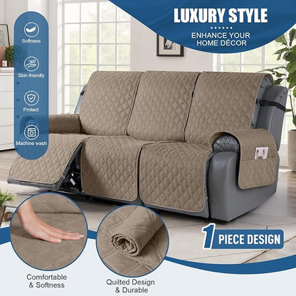 TAOCOCO 100% Waterproof Recliner Covers, Recliner Sofa Covers with Leg Straps, Reversible Recliner Couch Cover for Reclining Chair, Washable Couch Protector for Pets Kids(3 Seater, Khaki)