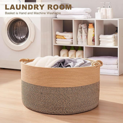 OIASKET Large Blanket Storage Basket for Living Room, 22.8" x 22.8" x 13" Woven Cotton Rope Basket with Handles, Baby Toy Storage, Laundry Hamper for Clothes, Pillows, Towels-Brown and Black