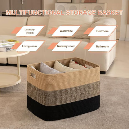 OIAHOMY 108L Super Large Blanket Basket, 25”x16”x16” Rectangle Woven Baskets for Storage, Cotton Rope Basket For Living Room, Toy Storage with Handle - Yellow Black