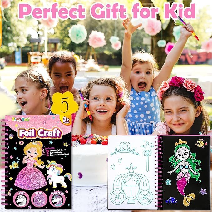 Foil Art Craft Activity for Kids: Fun DIY Toy Sticker Kit, No Mess Creative Travel Supply Set, Idea Birthday Easter Basket Stuffers Valentines Gift for Girl Boy Toddler 4 5 6 7 8 9 Year Old (Princess)