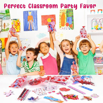 Valentines Day Gifts for Kids, 224 Pcs Valentines Day Party Favors for Kids School Classroom Exchange, 28 Pack Valentines Day Goodie Bags Stuffers with Cards Slap Bracelet Foam Airplane Pencil Eraser