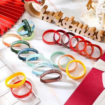 Sratte 48 Pcs Inspirational Silicone Wristbands Rubber Stretch Unisex Bracelets Student Gift Stocking Suffers for Class(Classic Color)