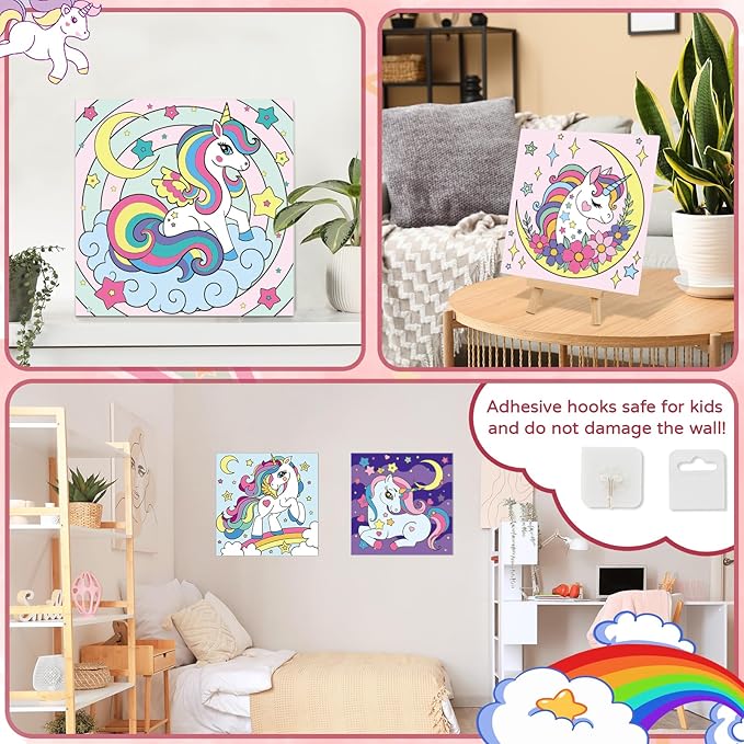 6 Pack Unicorn Paint by Numbers for Kids - Glow in The Dark Predrawn Canvas, Arts and Crafts with 50 Paints,12 Brushes 2 Easels, DIY Acrylic Oil Painting Kits for Boys Girls Beginners, Home Wall Decor