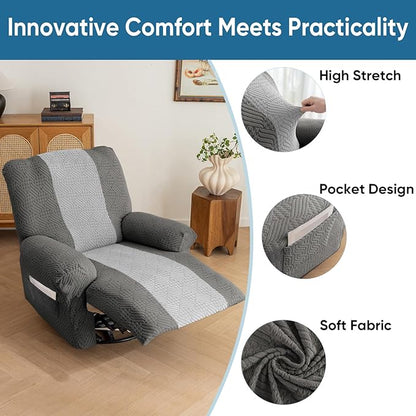 Lavish Cover Jacquard Recliner Chair Cover, Stretch Recliner Slipcover, Lazy Boy Recliner Sofa Protector, Furniture Cover for Pets and Scratches(Recliner,Darkgrey+LightGrey)