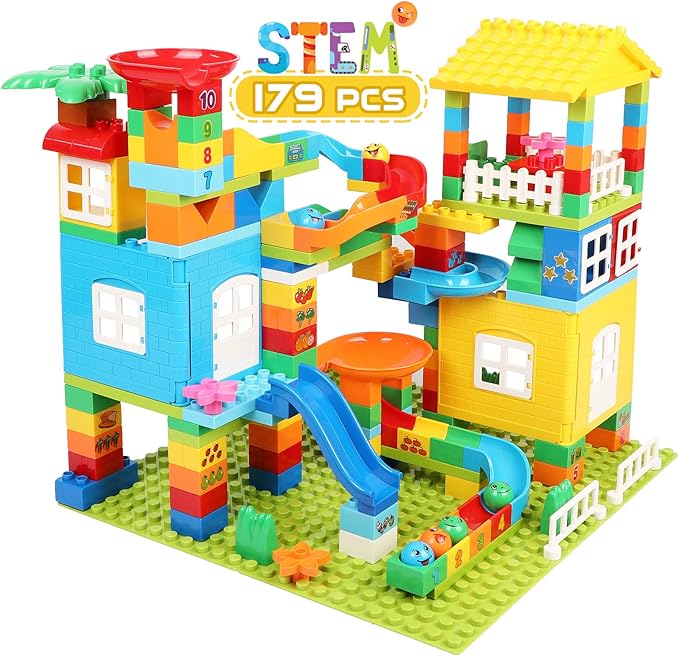 Marble Run Building Blocks, 179 Pcs Duplos Marble Run with 6 Balls, Big Building Toy Set Compatible Classic Blocks Maze Track, Marble Runs for Kids 4-8, Stem Marble Run Gifts for Boys and Girls
