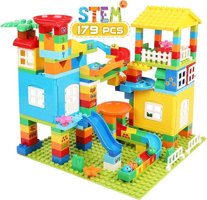 Marble Run Building Blocks, 179 Pcs Duplos Marble Run with 6 Balls, Big Building Toy Set Compatible Classic Blocks Maze Track, Marble Runs for Kids 4-8, Stem Marble Run Gifts for Boys and Girls