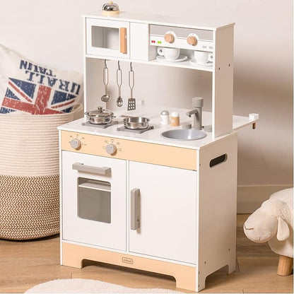 2 in 1 Play Kitchen for Kids Wooden Chef Pretend Play Kitchen Playset with Sounds Food Cookware Accessories Set for Boys Girl Birthday Gifts White