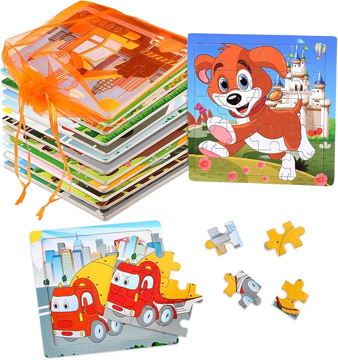 SANNIX 12 Pack Wooden Jigsaw Puzzles for Toddlers 3 4 5 Years Old, Party Favors Animals Jigsaw for Kids, Transportation Educational Puzzles Travel Toy with 12 Organize Bags