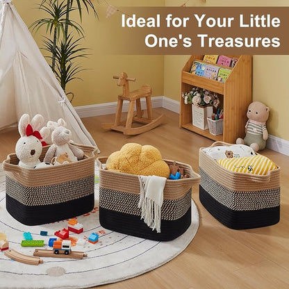 OIASKET Storage Basket for Organizing, Woven Baskets for Storage, Rectangle Decorative Baskets for Shleves, Closet, Toys, Books, Nursery Organizer Bins - Pack of 3 (Black & Brown, 15.75"x11.8"x9.85")