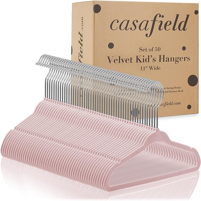 Casafield 50 Velvet Baby Hangers - 11" Size for Infant & Toddler Clothes - Light Pink