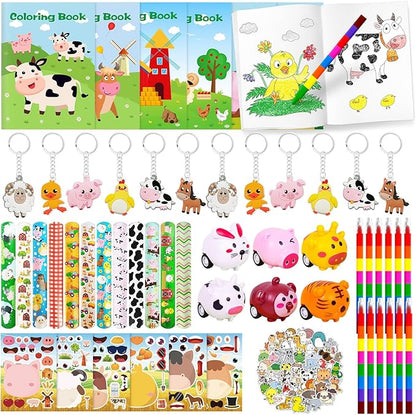 Farm Animals Party Favors,Farm Animal Coloring Books and Eight Color Crayons,Keychains Pull Back Cars Slap Bracelets Stickers For Kids
